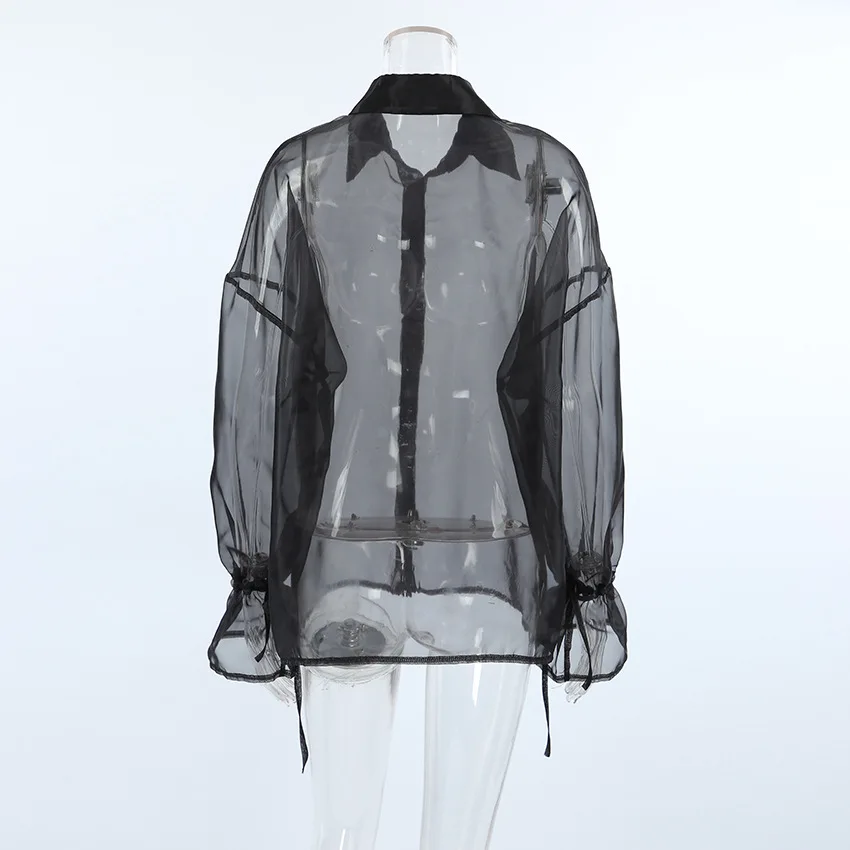 Mesh See-through Lace-Up Shirt Women's Sexy Long Sleeve Tops Fashion Solid Color Casual Streetwear Women's Shirt Tops