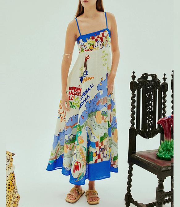 Sexy Sling Graffiti Cotton Linen Printed Large Swing Dress Women