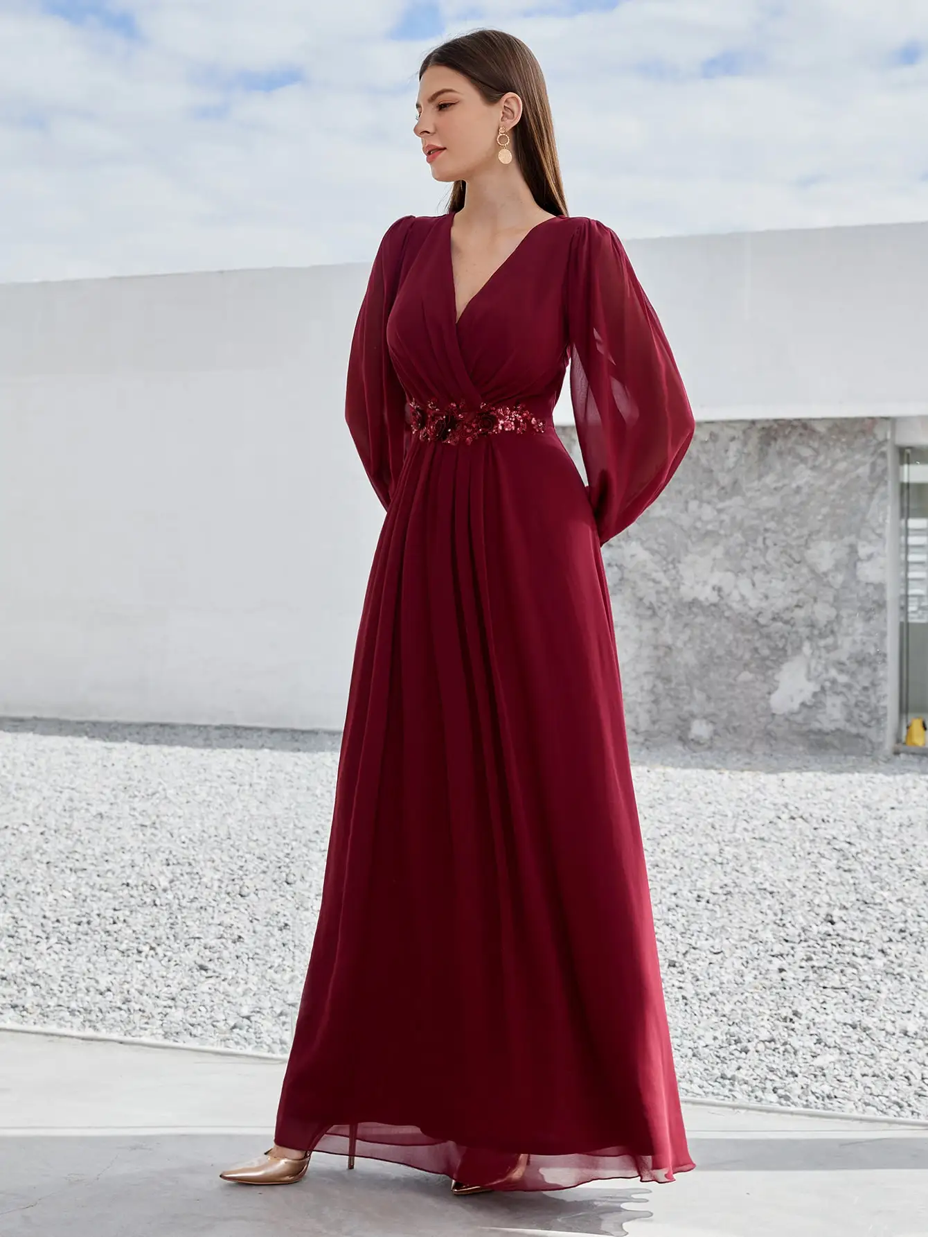 V-neck long sleeve beaded print extra long chiffon Dress Evening gown Ball dress Party dress Bridesmaid dress