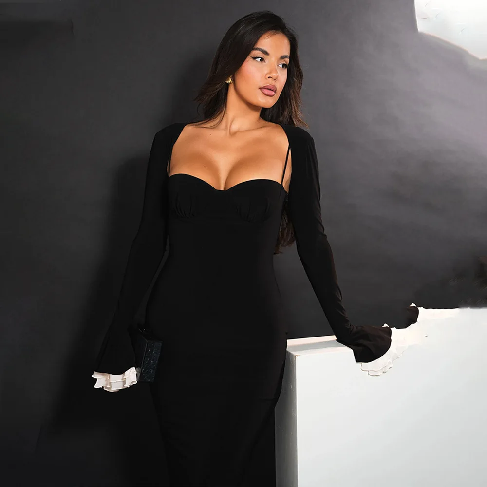 Elegant Long Flared Sleeve Elastic Tight Women Two-piece Set Autumn/Winter New 2025 Sexy Party Club Evening Dress