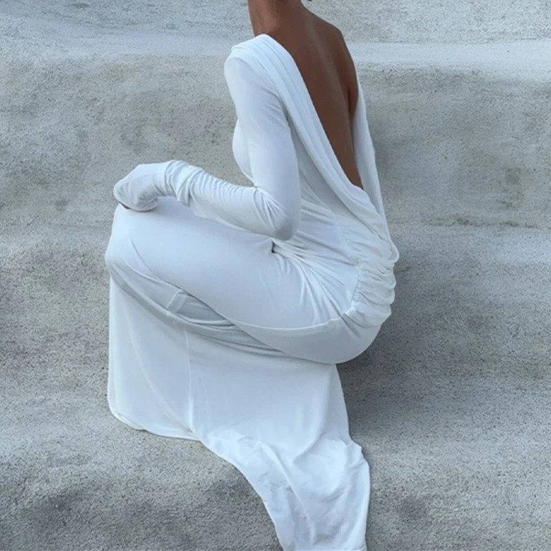 Women Backless Dress for Sexy Solid Color Round Neck Long Sleeve Ruched Bodycon Dresses Cocktail Party Dresses Clubwear