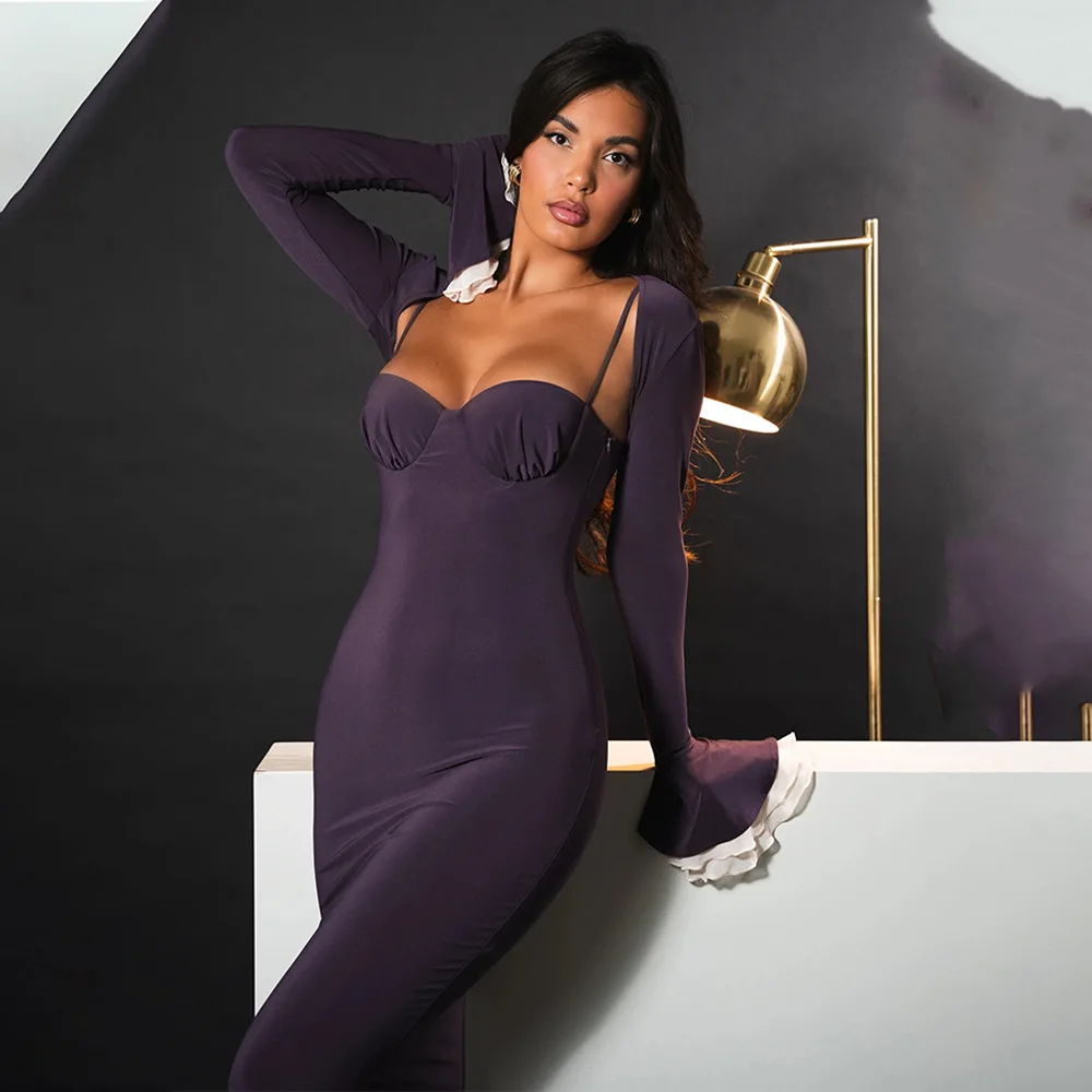 Elegant Long Flared Sleeve Elastic Tight Women Two-piece Set Autumn/Winter New 2025 Sexy Party Club Evening Dress