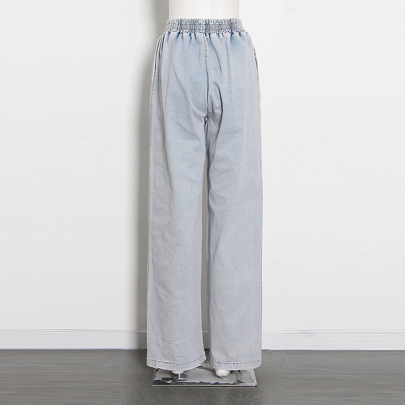 Sexy Pants Set Summer Tube Top Washed Blue Vest High Waist Long Wide Leg Jeans Women