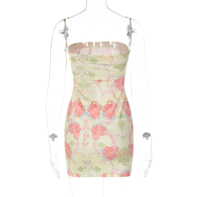Women Clothing Fresh Floral Print Wrapped Chest Sheath Slim Dress