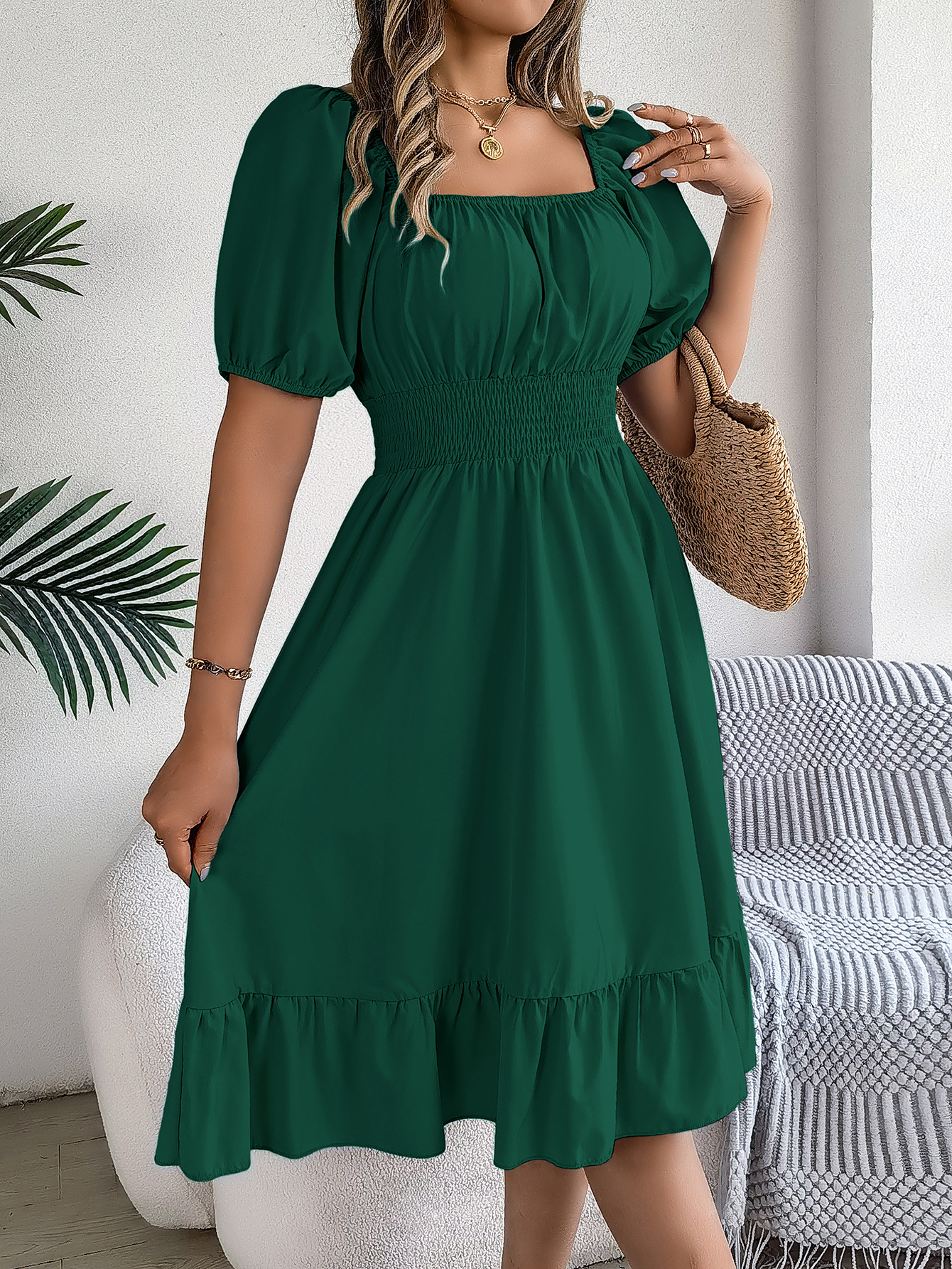 Spring Summer Casual Square Collar Short Sleeve Waist Trimming Ruffles A line Dress Women Clothing