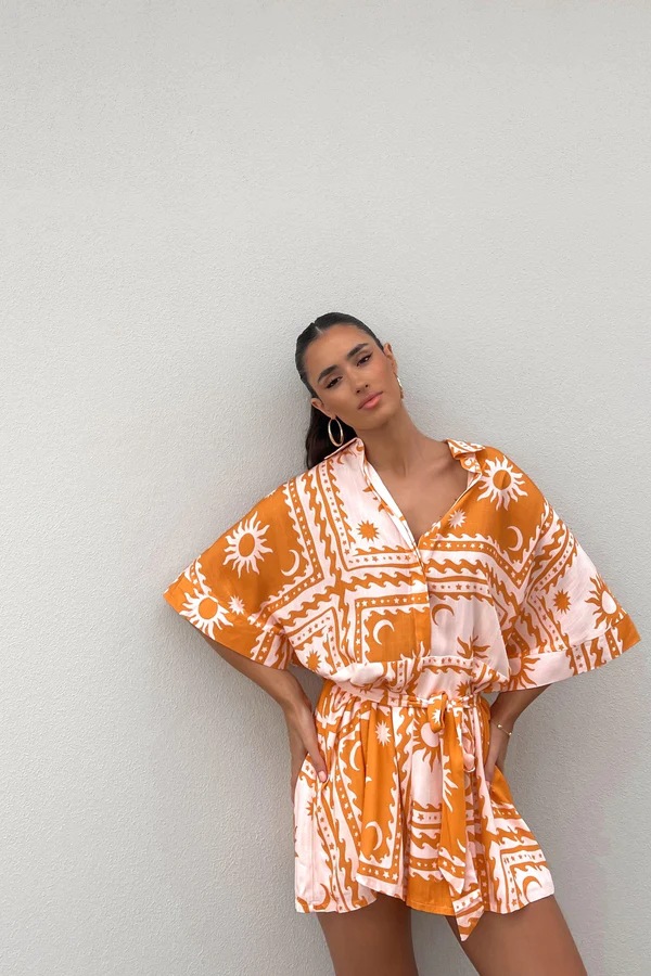 Summer Women Waist Controlled Lace up Geometric Abstract Printed Sexy Jumpsuit Amplified craft