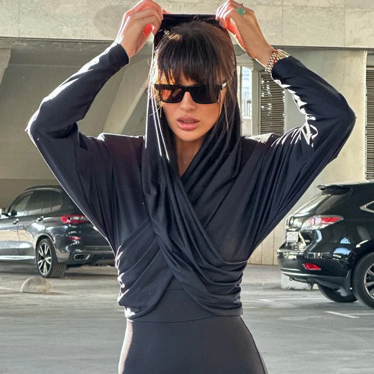 Fashion Satin Hoodie Y2k Top For Women Long Sleeve Bandage Patchwork Solid Sexy Vintage Cropped Top Ladies Crop top Tee