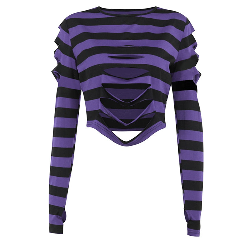 Cyber Punk y2k Top 2000s Women Striped Round Neck Long Sleeve T Shirt with Hole Gothic Clothes E Girl Tees Streetwear
