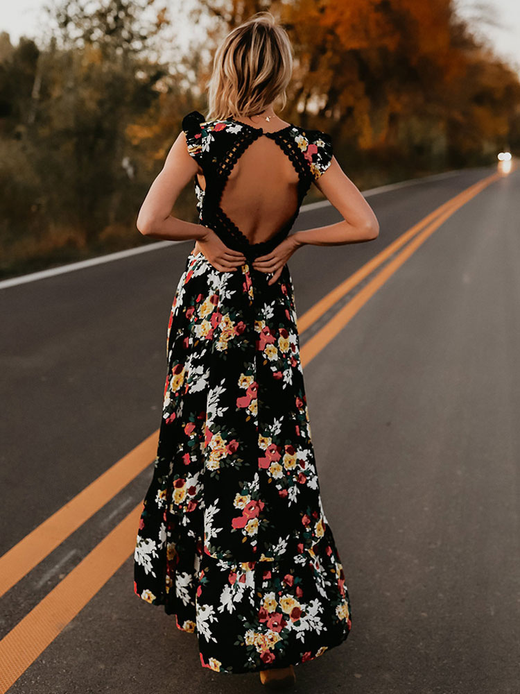 Black Floral Boho Maxi Dress for Women - High Low Hem Open Back Crochet Waist Long Dress - Summer Date Night Outfits 2026