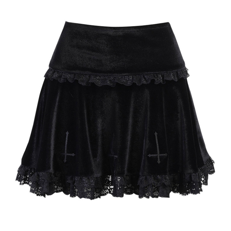 Punk Cross Pattern Mini Skirt Y2K Grunge Gothic Black Lace High Waist Pleated A-line Skirt Vintage Women E-girl Clothes