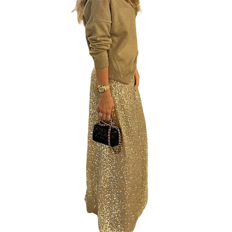 Sequin Long Skirts for Women Solid Color Elastic High Waist Skirt Fashion Elegant Ladies Evening Party Skirt Clubwear