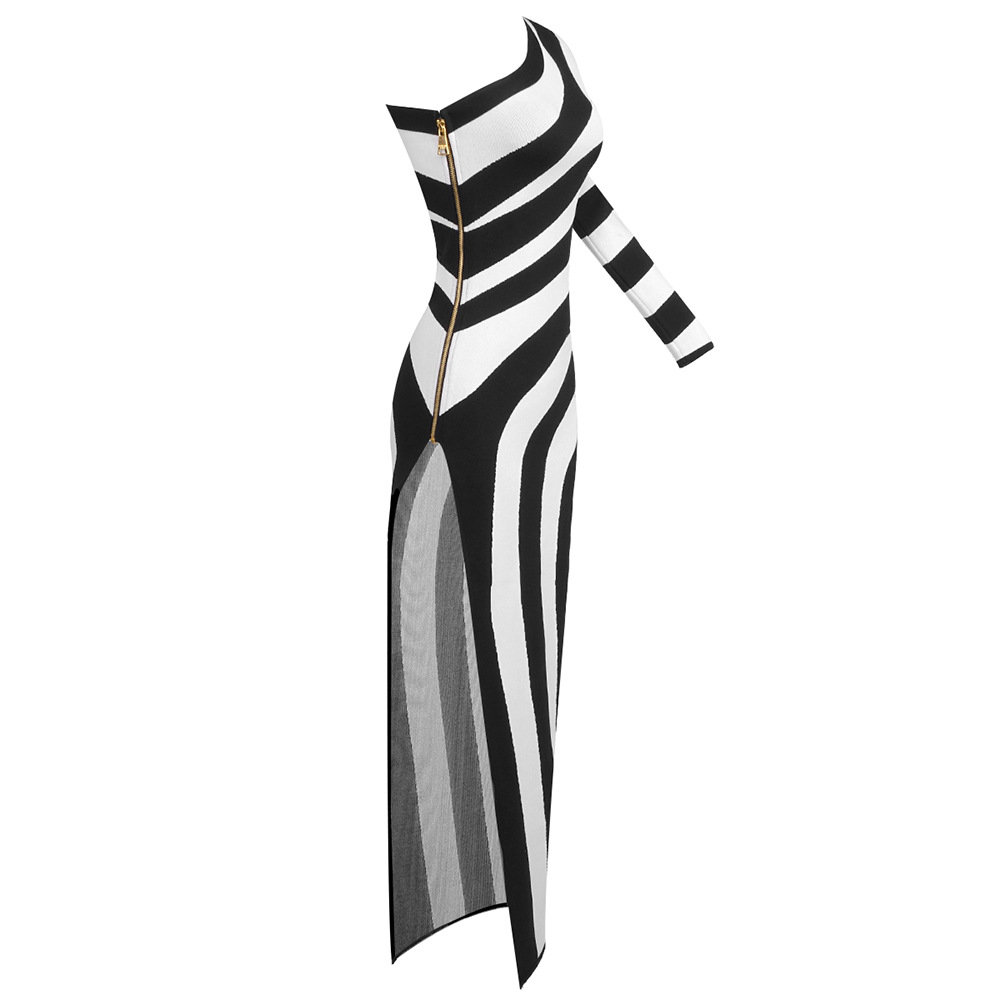 Autumn Winter Black White Striped Sexy High Slit One Shoulder Dress Simple in Bandage Dress