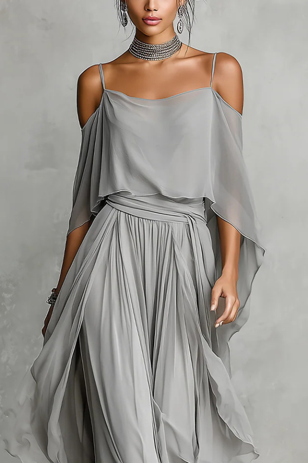 Solid Color Chiffon Off-shoulder Camisole Top and Casual Wide-leg Pants Set