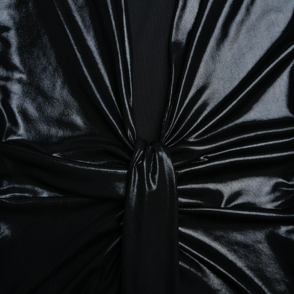 Metallic Coated Fabric Dress Sexy Glossy V neck Long Sleeve Stitching Ruffle Hip Leather Dress