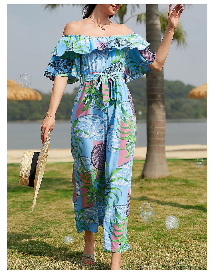 Women Clothing Fashion off-Shoulder Floral Jumpsuit Summer Short Sleeve Chiffon Vacation Beach Jumpsuit