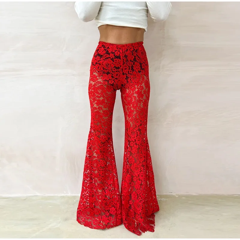 Sexy Lace Sheer Flare Pant Women Hollow Out Lady Vacation Long Trousers Female 2025 Spring Elastic High Waist Streetwear New