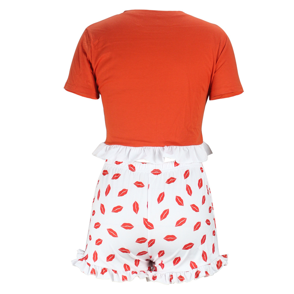 Women Clothing Summer Lace Color Matching Short-Sleeved T-shirt Women Lip Printings Slim Two-Piece Set Romper