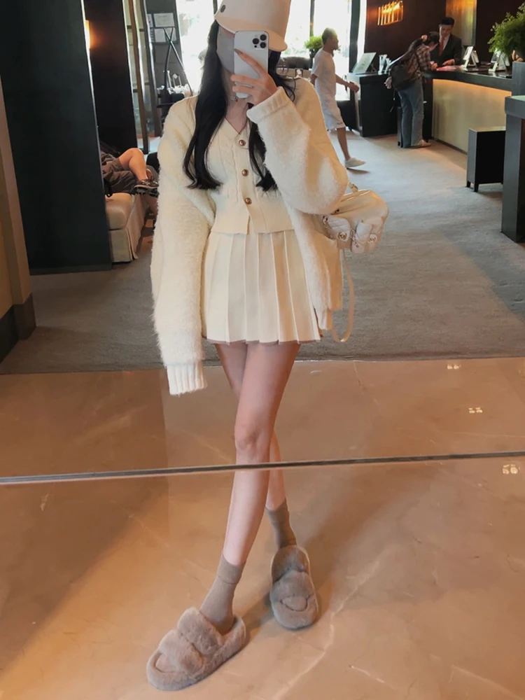 Autumn Knitted Two Piece Skirt Set Women Long Sleeve Single Breasted V-neck Top Mini Pleated Skirt Korean Chic Female Outfit New