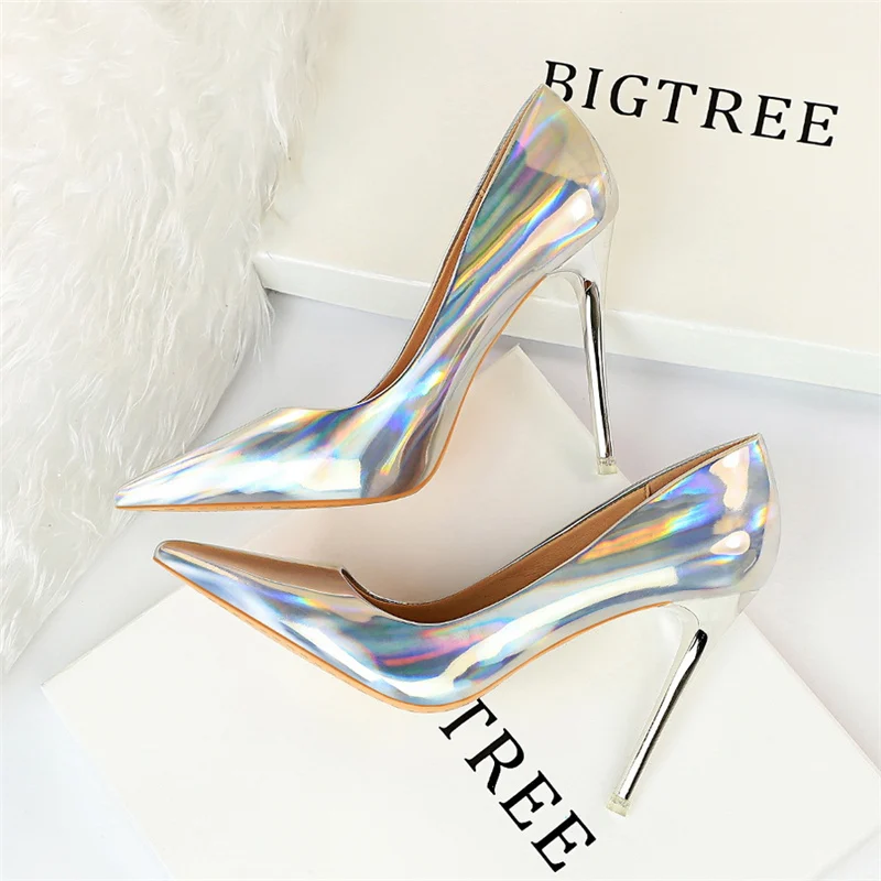 Women 10.5cm High Heels Blue Green Valentine Pumps Luxury Glossy Stripper Stiletto Wedding Bridal Fetish Shoes Plus Size 43