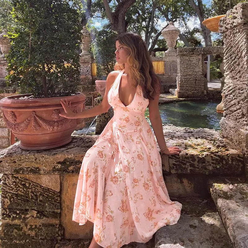 Sexy Print Deep V-neck Sleeveless Backless Neck-mounted Dress Women Slim High Waist Birthday Party Dress Femme Outfits