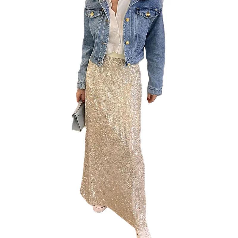 Sequin Long Skirts for Women Solid Color Elastic High Waist Skirt Fashion Elegant Ladies Evening Party Skirt Clubwear