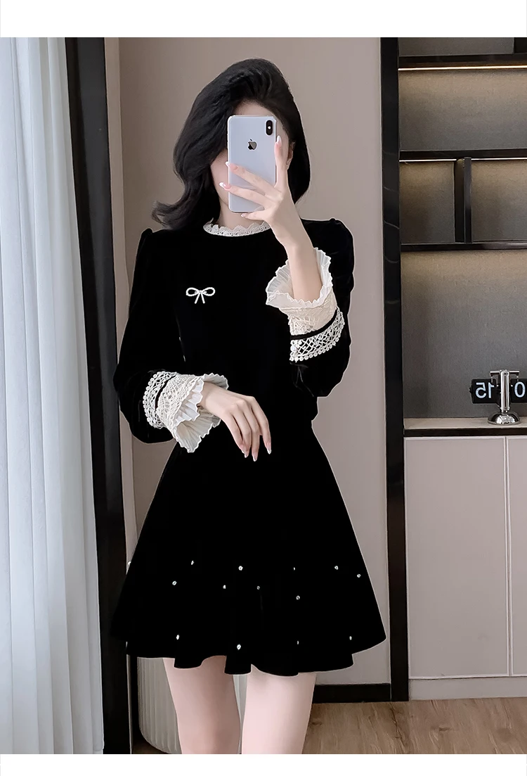 Autumn Elegant Velvet Two-piece Skirt Set Women Long Sleeve Lace Patchwork Crop Top Mini Skirt Korean Fashion Y2K Chic Outfits