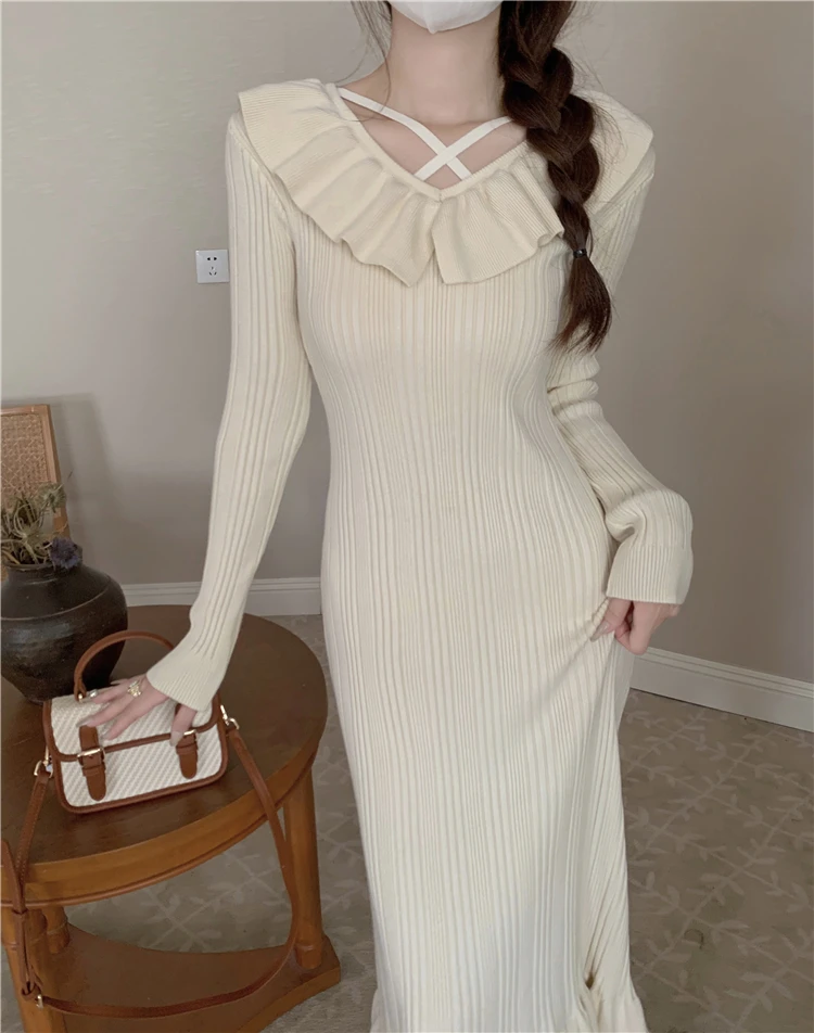 Autumn Knitted Dresses for Women Ruffles V-neck Solid Bodycon Casual Solid Midi Dress Korean Fashion Vestidos Mujer New Knitwear