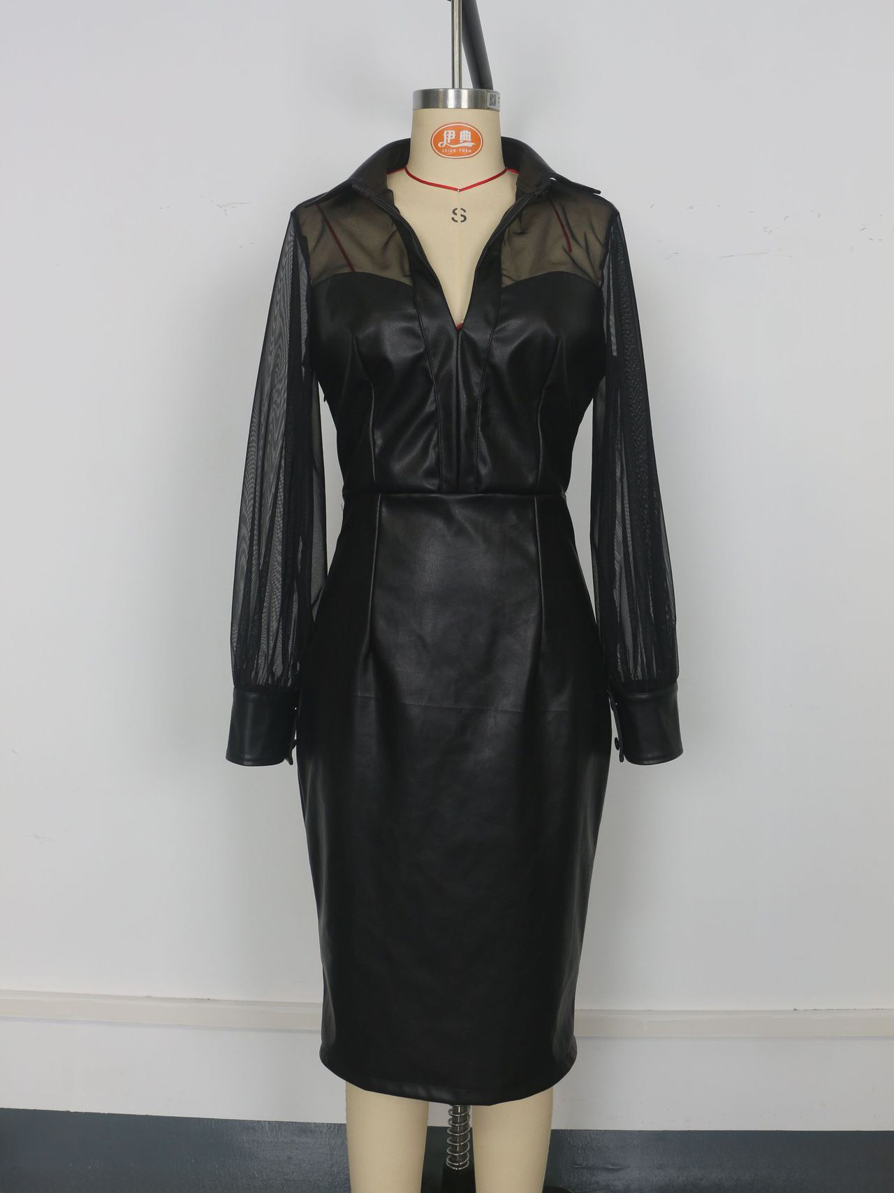 Mesh Patchwork V-Neck Faux Leather Slim Fit Puff Sleeve Midi Dress In Black For Women 2026