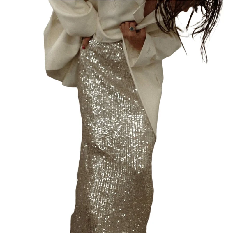 Sequin Long Skirts for Women Solid Color Elastic High Waist Skirt Fashion Elegant Ladies Evening Party Skirt Clubwear