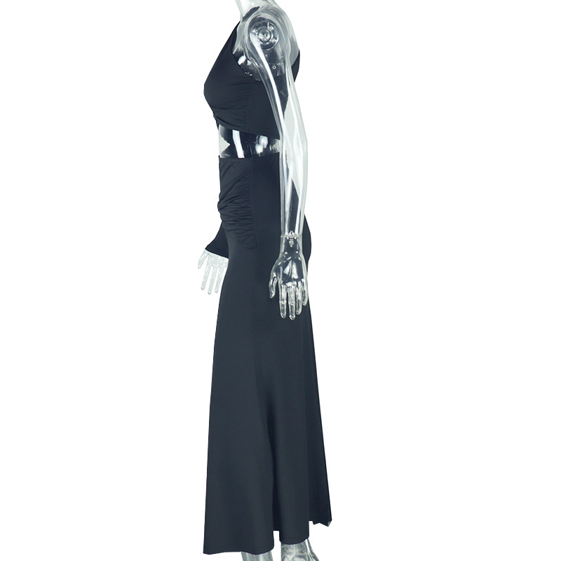 Women Solid Color Hollow Out Cutout out Bare Cropped Slim Fit Hip Dress Asymmetric One Shoulder Split Sleeve Diagonal Collar Dress