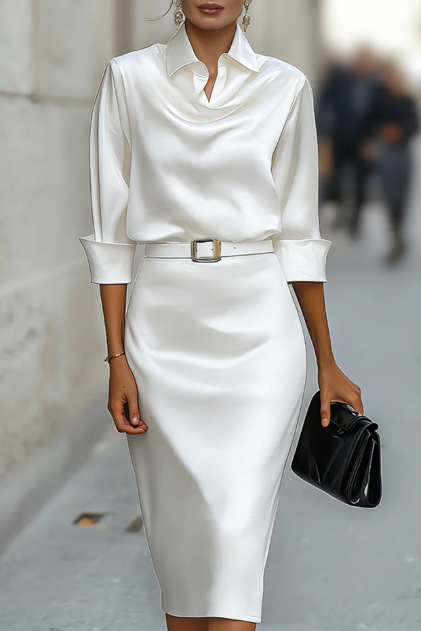 Solid Color Satin Lapel Long Sleeve Elegant Slim-fit Midi Dress