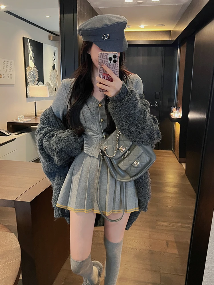 Autumn Knitted Two Piece Skirt Set Women Long Sleeve Single Breasted V-neck Top Mini Pleated Skirt Korean Chic Female Outfit New