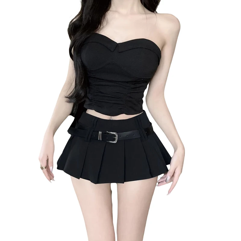 Pleated Mini Skirt Women y2k Preppy Style Solid Color High Waist A Line Skirt with Belt 2000s Party Skirts Streetwear