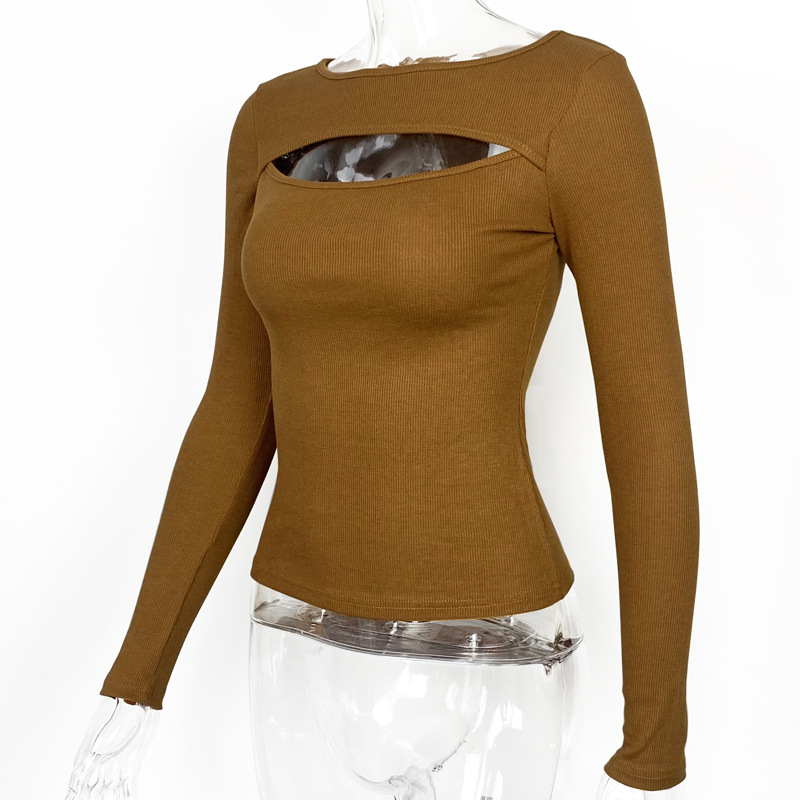 Women Clothing Autumn Winter Chest Hollow-out Long-Sleeved Top Sexy Stretch Rib T-shirt for Women