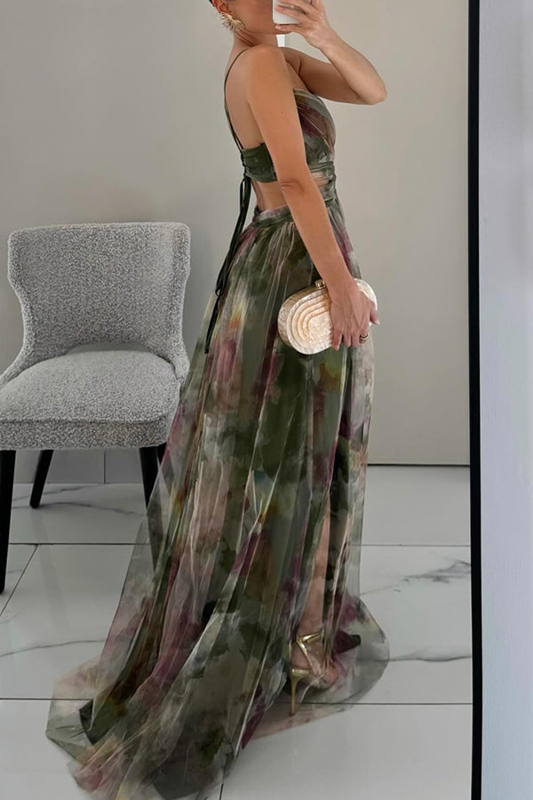 Ladies' summer princess chiffon printed hollow sexy waist and back lace up long dress