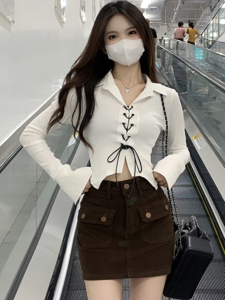 Lace Up Long sleeve Korean Dongdaemun Youth Trend Shirts Blouses Women Autumn Basic Crop Shirt New White Black