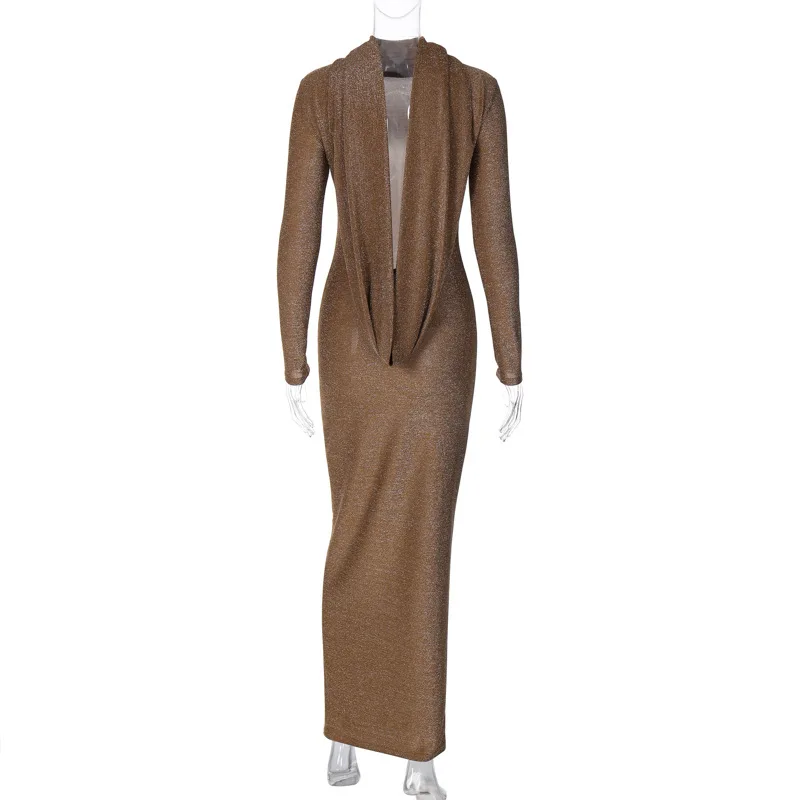 Elegant Backless Dress Women Bodycon Long Sleeve Y2k Bright Silk Sexy Dresses Womens Party Temperament Dress Ladies 2025