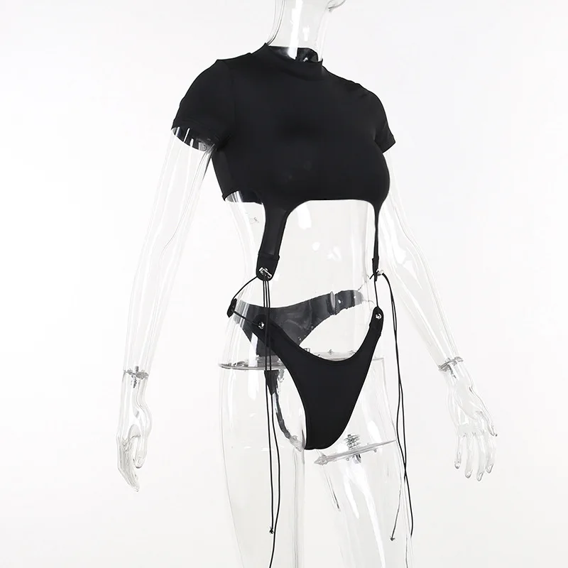 Short Sleeve Bodysuit, Mock Neck Women Y2k Clothes, Hollow Out One-Piece Body Feminino, Lace Up Club Outfits, Sexy Lingerie