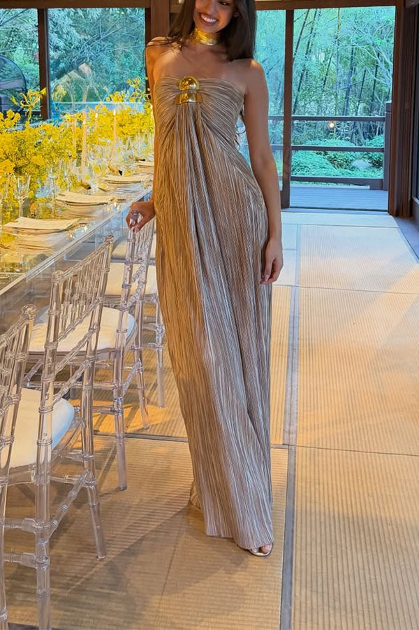 Golden Hour Metallic Pleated Strapless Maxi Dress