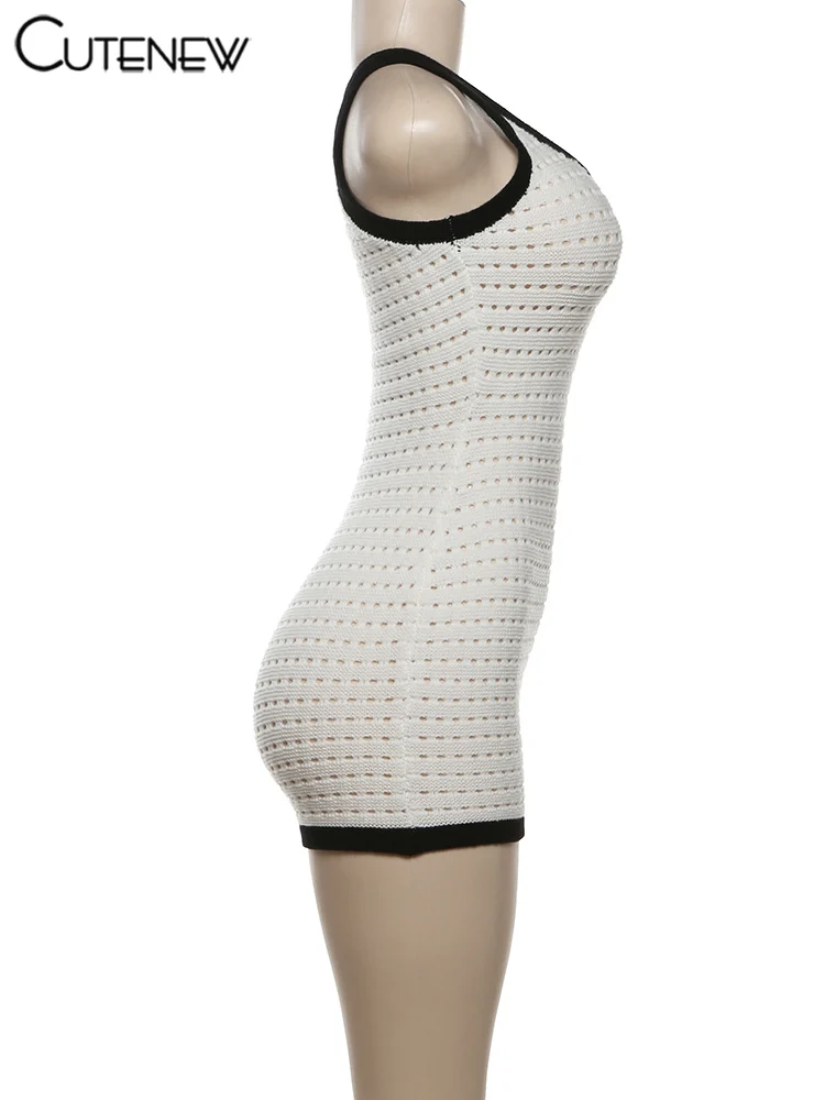 Casual Women Playsuits Basic Summer Panelled Sleeveless U-neck Stretch Holes Sheer Slim Rompers Female Concise One Piece