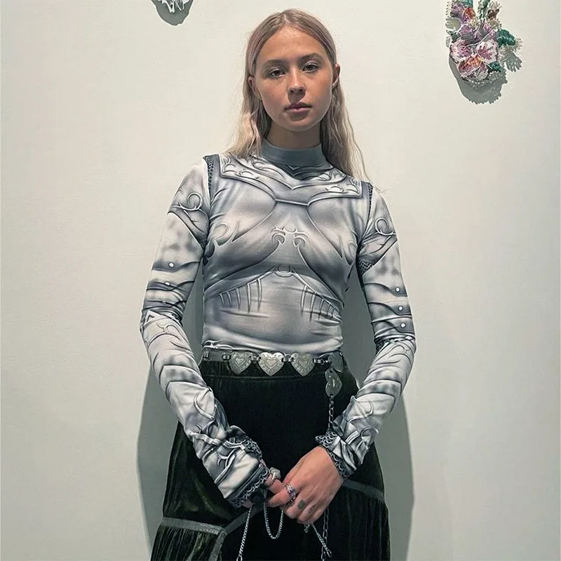 Printed Skinny Sexy Bodysuit Lingerie Gray One-pieces Bustier Long Sleeve Corset Top Streetwear Fashion Trends Women Clothing