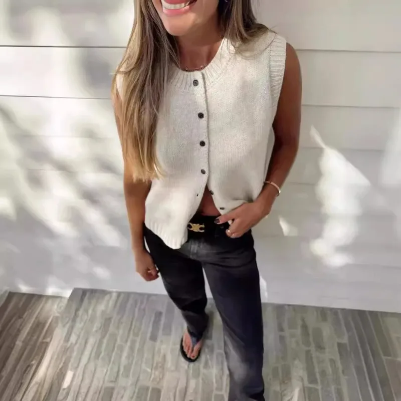 Knitted Vests Top For Women Casual Single-Breasted Knitwear Cardigan Tank Sweater Female Solid Sleeveless 2025 Fashion