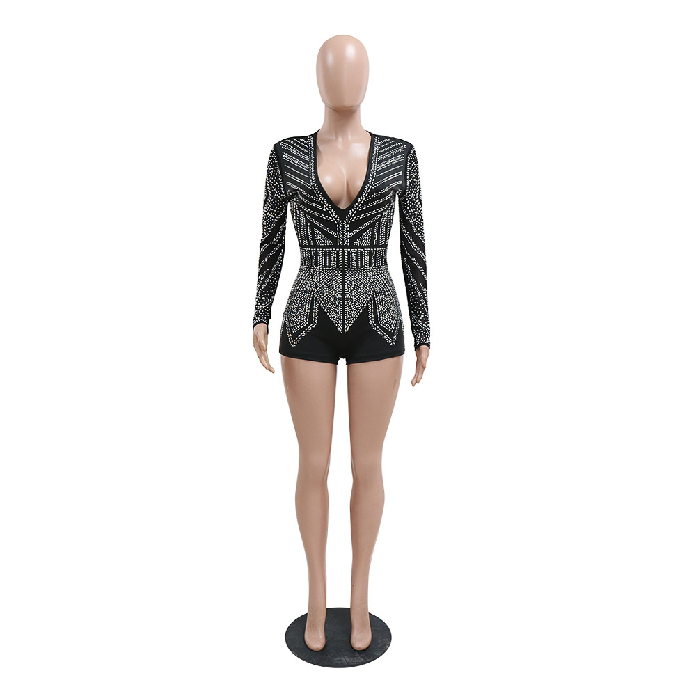 Sexy Deep V Plunge-neck See-through Polyester Mesh Long Sleeve Stitching Straight Slim Fit Bodysuit Women Clothing