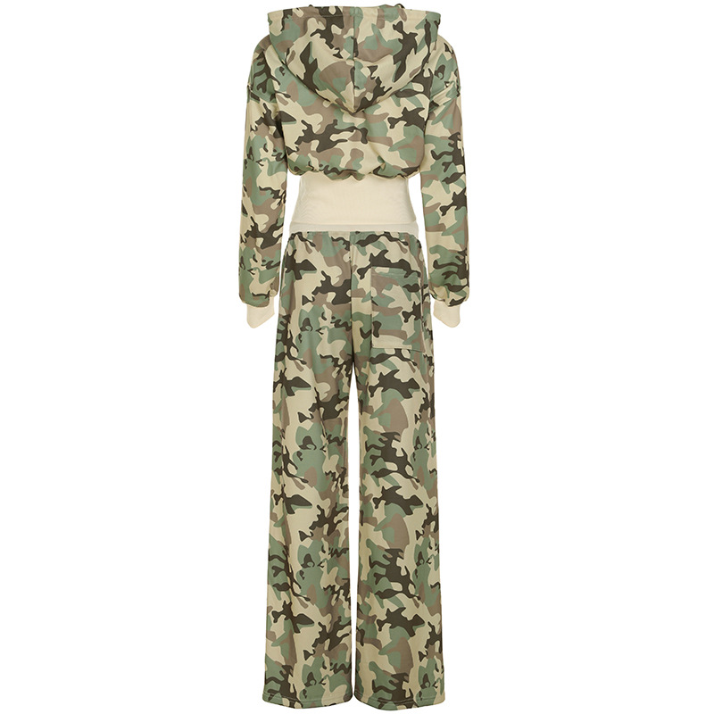 Casual Contrast Color Cinched Hoodie Long Sleeve Sweatshirt Sweatpants Two Piece Camouflage Cardigan Coat Trousers Sets