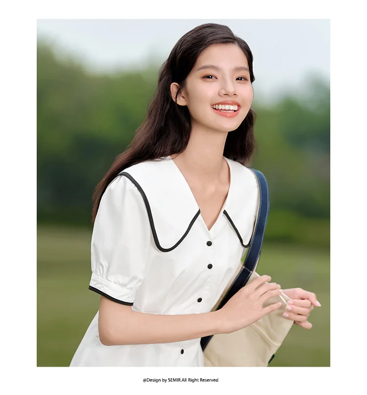 Dress Women Pure Cotton Puff Sleeves Dress Summer New Color-Block Large Lapel Mid-Length Dress College Style