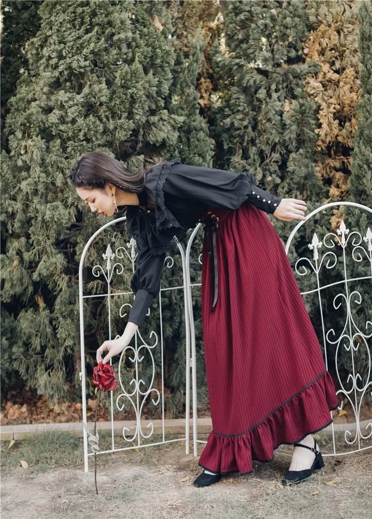 Vintage Gothic Two-Piece Skirt Sets Women Black Lace Ruffle Blouse Lace-up Midi Skirt Autumn New Court Retro Suits Y2k Outfits