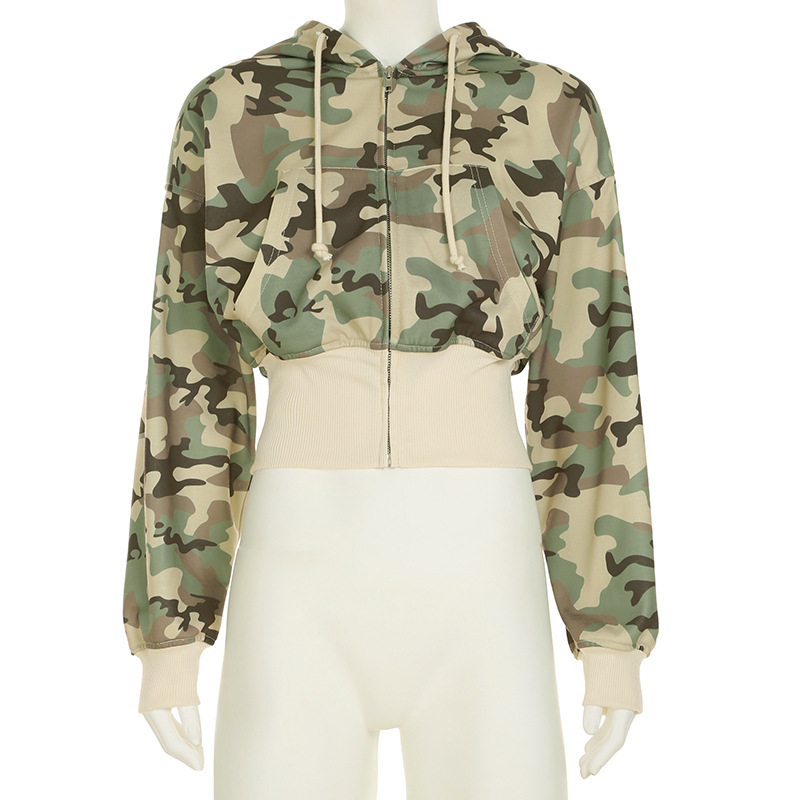 Casual Contrast Color Cinched Hoodie Long Sleeve Sweatshirt Sweatpants Two Piece Camouflage Cardigan Coat Trousers Sets