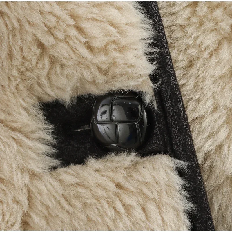 Fashion Beige Faux Fur Long Coat Women Winter Buttons Lapel Long Sleeve Lamb Fleece Jacket 2025 New Lady Loose Street Outerwear
