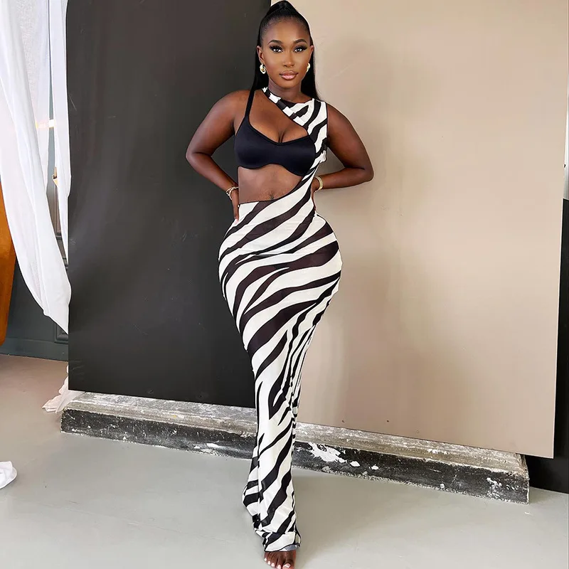 Bodycon Long Dresses For Women Beach Style Backless Vestidos De Mujer Hollow Out Sexy Robe Femme _t�� Y2k Clothes Zebra Print