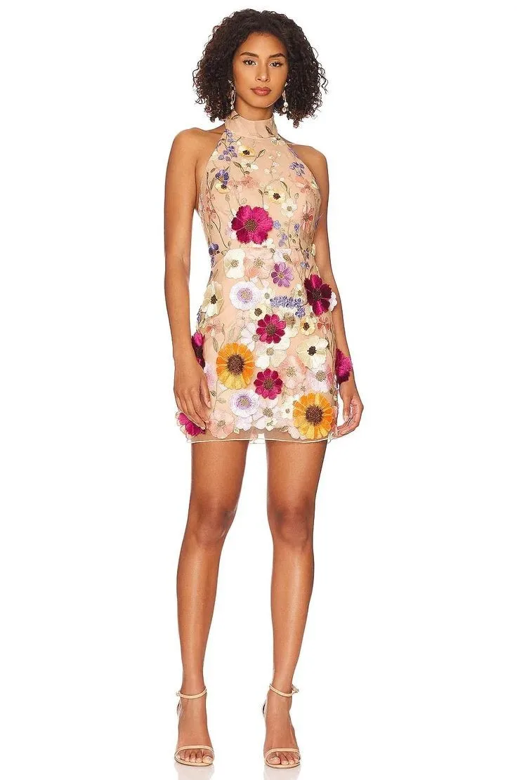 Embroidery 3D Flower Bodycon Dress For Women Summer Sleeveless Backless Mini Dresses Temperament Slim Vestidos De Mujer